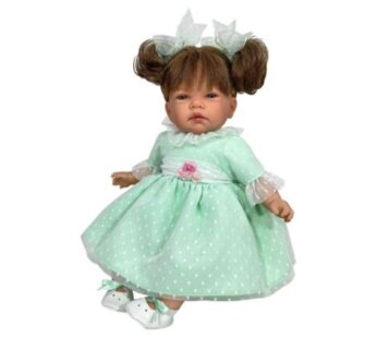 Papusa Nines D’Onil, Celia, cu parul saten, cu rochie menta plumeti, cu miros de vanilie, 45 cm