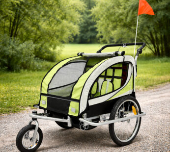 Remorca de bicicleta pentru transport copii, 2 locuri, sigura si confortabila, capacitate 40 kg