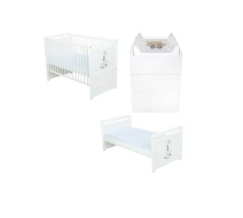 Set mobilier pentru copii, BabyNeeds: Patut multifunctional din lemn de pin, transformabil junior, cu somiera reglabila in 3 trepte, Nadia II, 120×60 cm + Saltea cocos-burete 10 cm + Comoda cu masa de infasat, Alb