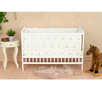 Patut din lemn bebe, 120×60 cm, Cu sina speciala pentru dentitie, Multifunctional, EN716-1, EN716-2, Alb, Qmini, Julia