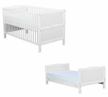 Patut din lemn bebe, Transformabil si pentru junior, 140×70 cm, Din lemn de pin si mdf, Stabil si rezistent, Inaltime saltea reglabila pe 3 nivele, Laterala cu 3 bete detasabile, EN716-1, EN716-2, Alb, Babyneeds, Nadia