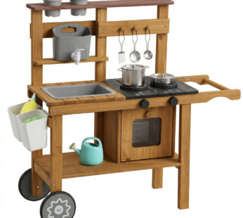 AIYAPLAY Bucătărie de joacă pentru copii pentru exterior din lemn cu robinet, chiuvetă, ghiveci, roți, depozitare pentru 3-6 ani, maro | Aosom Romania