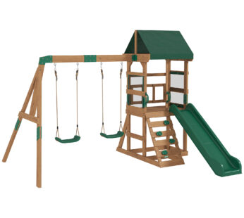 AIYAPLAY Turn de joacă Cadru de cățărat Lemn Cadru de leagăn cu tobogan 2 leagăne Perete de cățărat pentru 3-8 ani 315x284x233 cm Verde | Aosom Romania