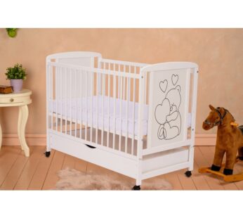 Patut din lemn, 120×60 cm, Cu sertar, Din lemn de pin si mdf, Stabil si rezistent, Inaltime saltea reglabila pe 3 nivele, Laterala cu 3 bete detasabile, EN716-1, EN716-2, Alb, Qmini, Timmi Heart + Saltea 12 cm