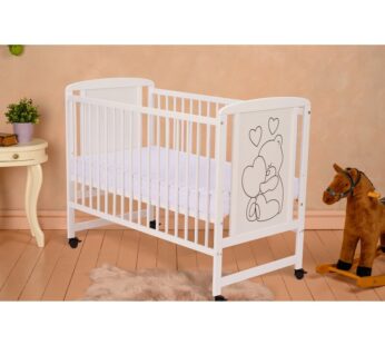 Patut din lemn bebe, 120×60 cm, Din lemn de pin si mdf, Stabil si rezistent, Inaltime saltea reglabila pe 3 nivele, Laterala cu 3 bete detasabile, EN716-1, EN716-2, Alb, Qmini, Timmi Heart