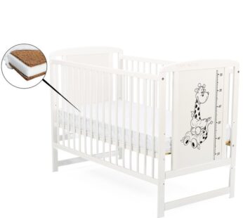 Patut din lemn bebe, 120×60 cm, Din lemn de pin si mdf, Stabil si rezistent, Inaltime saltea reglabila pe 3 nivele, Laterala cu 3 bete detasabile, EN716-1, EN716-2, Alb, Babyneeds, Timmi Girafa + Saltea 12 cm