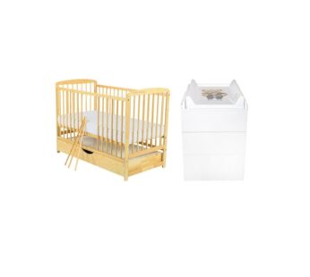 Set mobilier pentru copii, BabyNeeds: Patut din lemn de pin, cu sertar cu capac si somiera reglabila in 3 trepte, Ola, 120×60 cm + Saltea cocos-burete-cocos, 8 cm + Comoda cu masuta de infasat, Alb/Natur