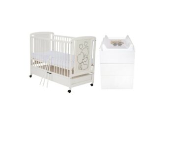 Set mobilier pentru copii, Qmini: Patut din lemn de pin si MDF cu roti, cu sertar cu capac si somiera reglabila in 3 trepte, Timmi Heart, 120×60 cm + Saltea cocos-burete-cocos, 12 cm + Comoda cu masuta de infasat, Alb