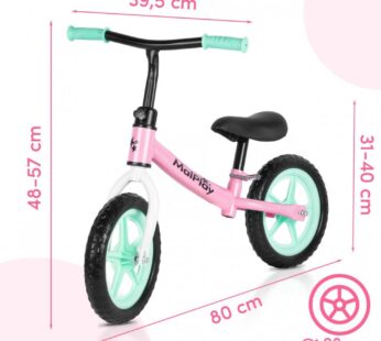 Bicicleta de echilibru fara pedale pentru copii, Malplay Fliki TurquoisePink 12 inch, roti spuma EVA, cu saua si ghidonul reglabile