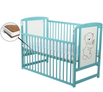 Patut din lemn bebe, 120×60 cm, Cu laterala culisanta, Din lemn de pin si mdf, Stabil si rezistent, Inaltime saltea reglabila pe 3 nivele, Laterala cu 3 bete detasabile, EN716-1, EN716-2, Mint, Babyneeds, Timmi + Saltea 8 cm