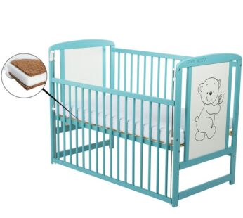 Patut din lemn bebe, 120×60 cm, Cu laterala culisanta, Din lemn de pin si mdf, Stabil si rezistent, Inaltime saltea reglabila pe 3 nivele, Laterala cu 3 bete detasabile, EN716-1, EN716-2, Mint, Babyneeds, Timmi + Saltea 10 cm