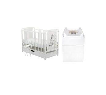 Set mobilier pentru copii, BabyNeeds: Patut cu sertar din lemn de pin si MDF, cu somiera reglabila in 3 trepte, Timmi Girafa, 120×60 cm + Saltea cocos-burete-cocos, 12 cm + Comoda cu masuta de infasat, Alb