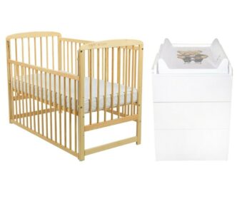 Set mobilier pentru copii, BabyNeeds: Patut din lemn de pin, cu laterala culisanta si somiera reglabila in 3 trepte, Ola, 120×60 cm + Saltea cocos-burete-cocos, 8 cm + Comoda cu masuta de infasat, Alb/Natur