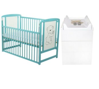 Set mobilier pentru copii, BabyNeeds: Patut din lemn de pin, cu laterala culisanta si somiera reglabila in 3 trepte, Timmi, 120×60 cm + Saltea cocos-burete-cocos, 8 cm + Comoda cu masuta de infasat, Alb/Mint