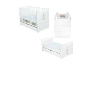 Set mobilier pentru copii, BabyNeeds: Patut multifunctional din lemn de pin, transformabil junior, cu sertar si somiera reglabila in 3 trepte, Nadia II, 120×60 cm + Saltea cocos-burete 12 cm + Comoda cu masa de infasat, Alb