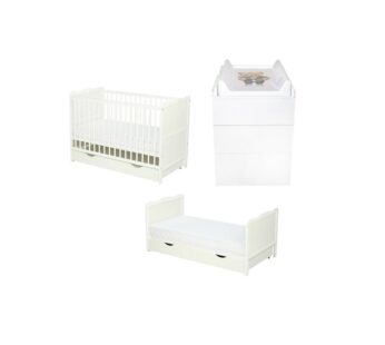 Set mobilier pentru copii, Qmini: Patut multifunctional din lemn de pin, cu sertar si somiera reglabila in 3 trepte, Julia, cu protectie dentitie, 120×60 cm + Saltea cocos-burete 12 cm + Comoda Qmini cu masa infasat, Alb